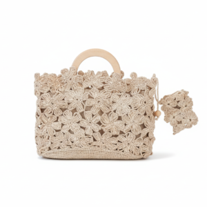 Handcrafted raffia crochet bag with floral pattern, wooden handles and matching pouch