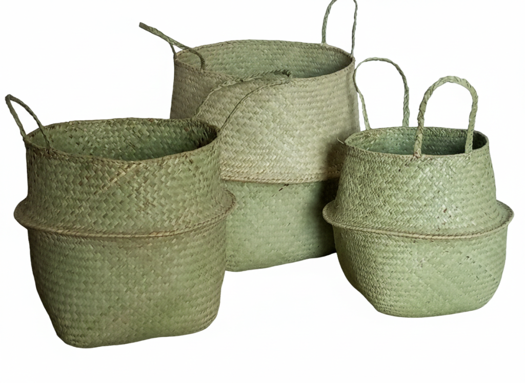 Handmade crocheted raffia planter baskets with handles