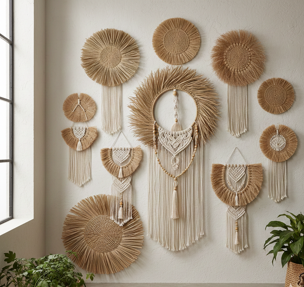 Wall hangings made of raffia