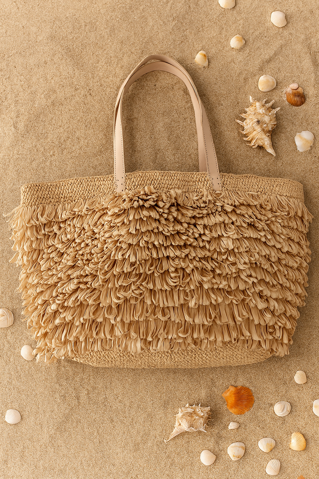 Handwoven raffia tote bag with fringe detailing and leather handles
