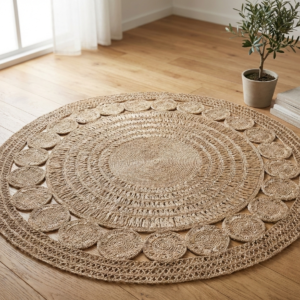 Round handwoven raphia rug with detailed circular patterns