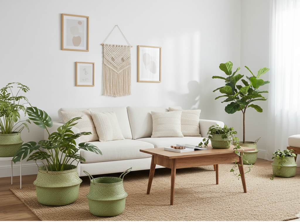 Large woven African basket used as plant holder in contemporary interior